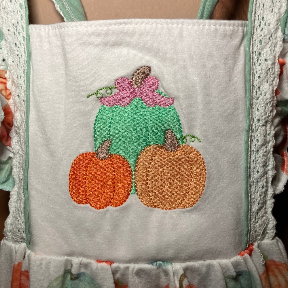 Honey Bean Pumpkin Pinafore Dress Kids 6 White Orange Fall Embroidery
Harvest - Picture 4 of 8